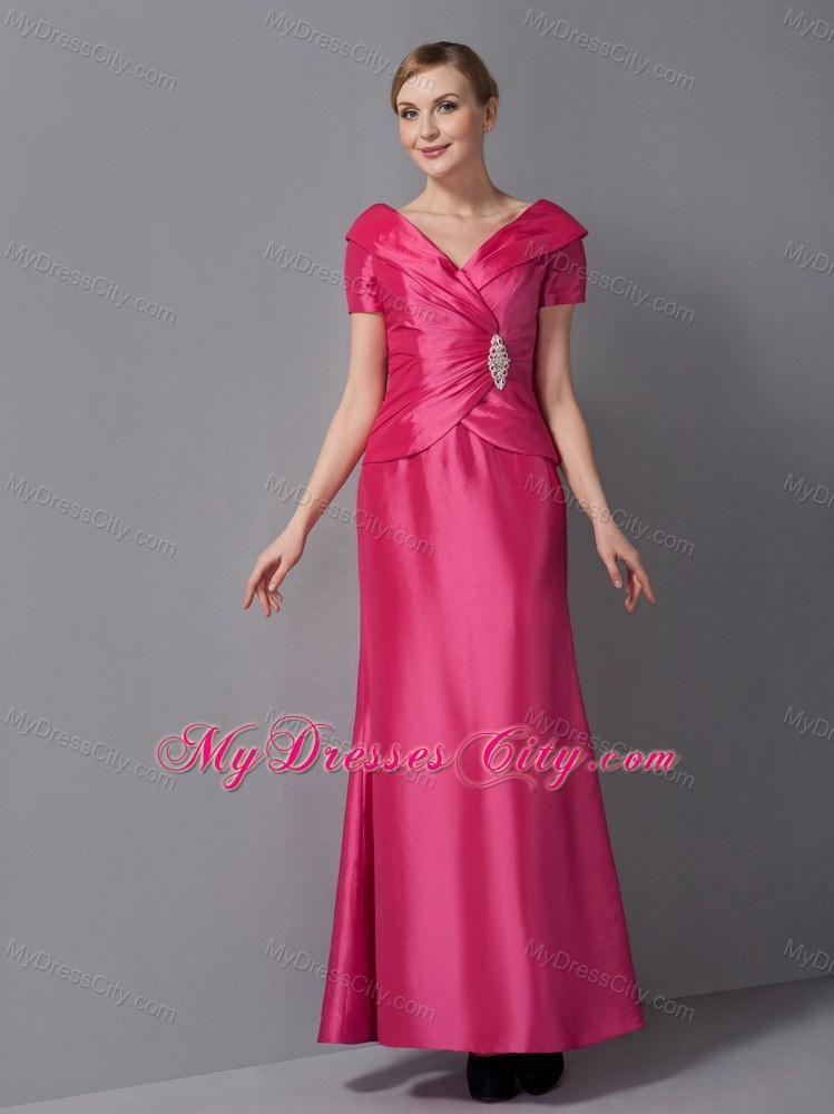 Short Sleeves V-neck Ruche Ankle-length Taffeta Mother Dress for Wedding