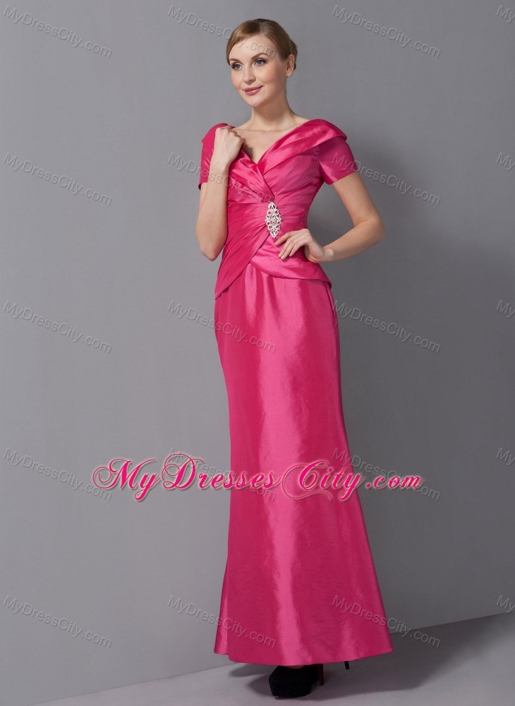 Short Sleeves V-neck Ruche Ankle-length Taffeta Mother Dress for Wedding