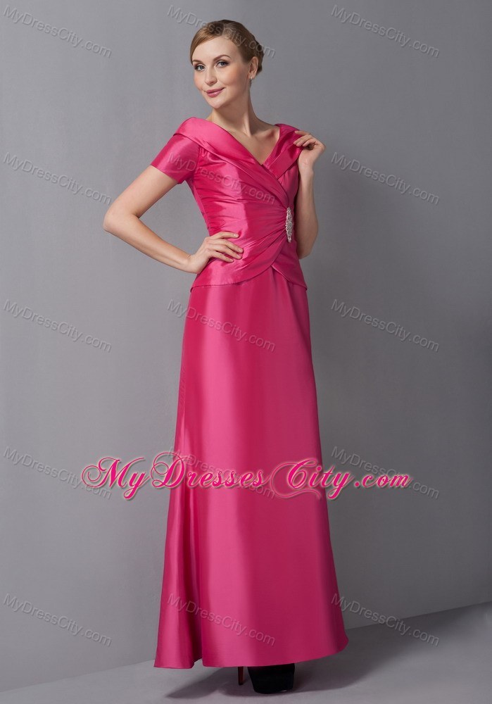 Short Sleeves V-neck Ruche Ankle-length Taffeta Mother Dress for Wedding