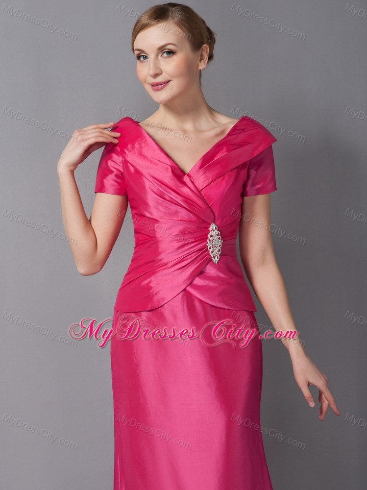 Short Sleeves V-neck Ruche Ankle-length Taffeta Mother Dress for Wedding