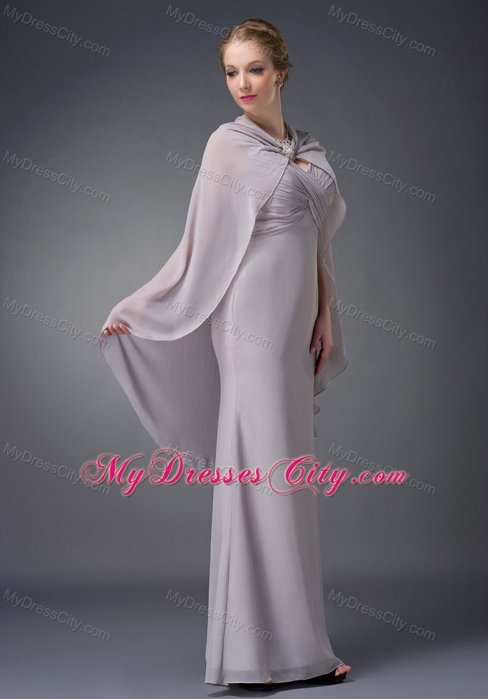 V-neck Ruche Floor-length Chiffon Grey Mother of Groom Dress with Cloak