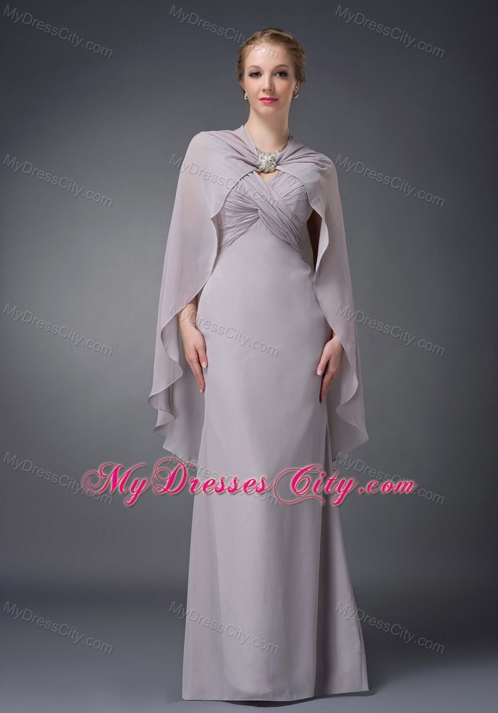 V-neck Ruche Floor-length Chiffon Grey Mother of Groom Dress with Cloak