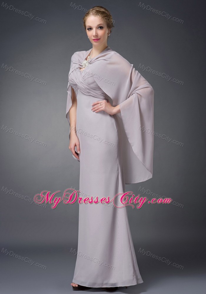 V-neck Ruche Floor-length Chiffon Grey Mother of Groom Dress with Cloak