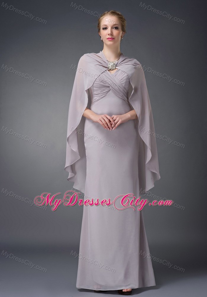 V-neck Ruche Floor-length Chiffon Grey Mother of Groom Dress with Cloak