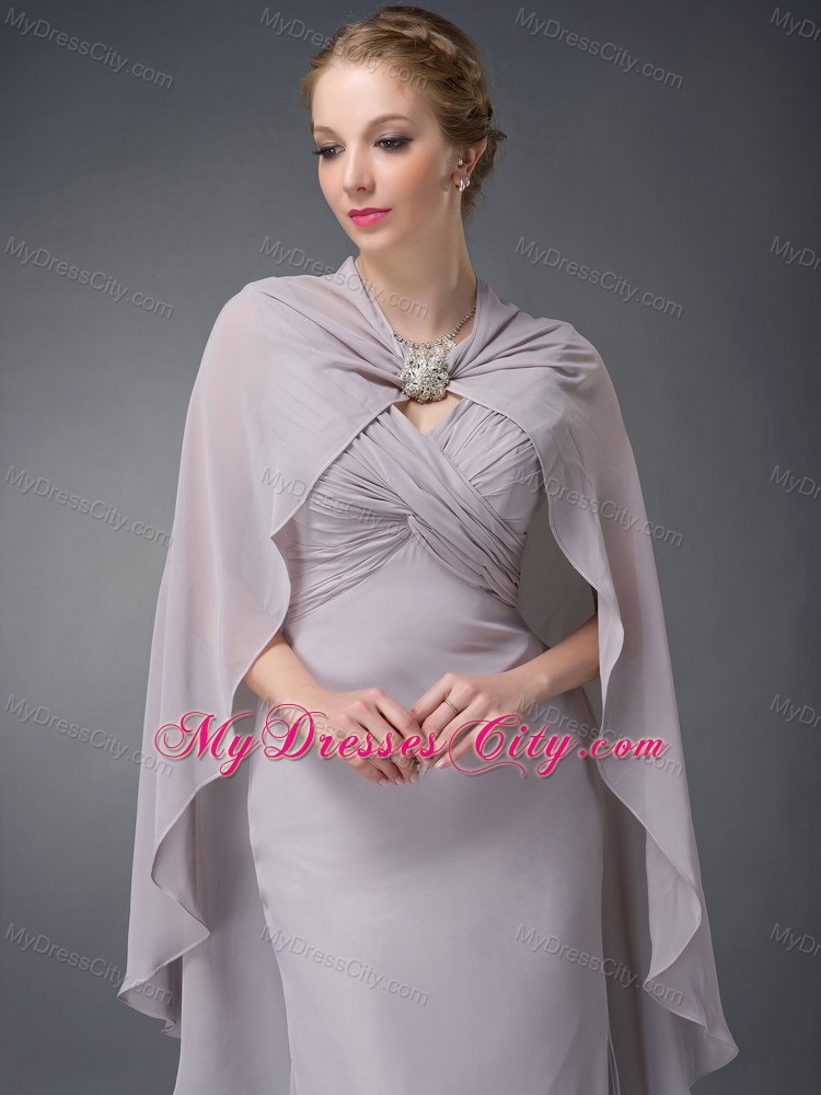 V-neck Ruche Floor-length Chiffon Grey Mother of Groom Dress with Cloak