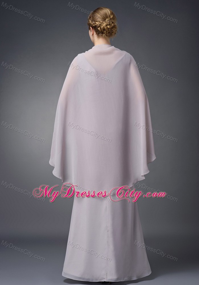 V-neck Ruche Floor-length Chiffon Grey Mother of Groom Dress with Cloak