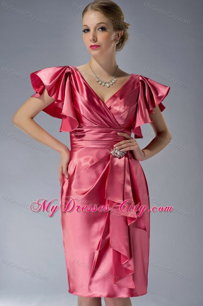 V-neck Beading Ruffles Sleeves Knee-length Mother of the Groom Dresses