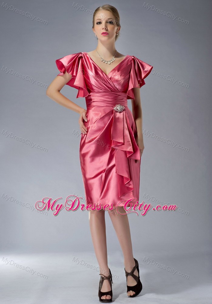 V-neck Beading Ruffles Sleeves Knee-length Mother of the Groom Dresses