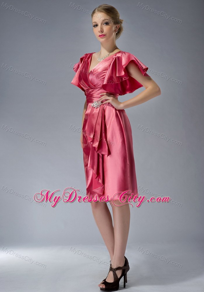 V-neck Beading Ruffles Sleeves Knee-length Mother of the Groom Dresses