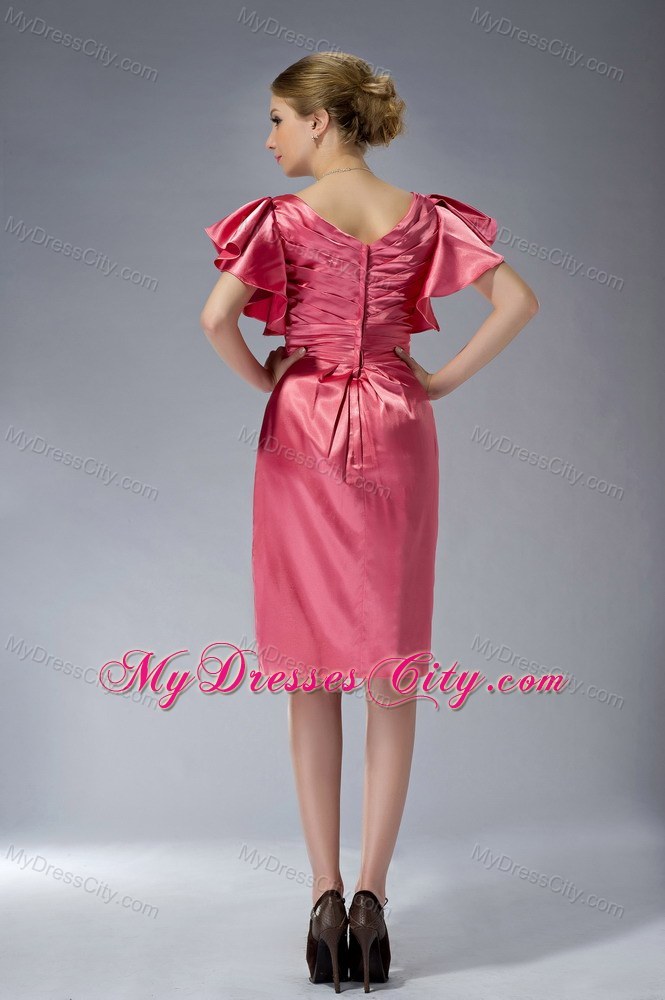 V-neck Beading Ruffles Sleeves Knee-length Mother of the Groom Dresses