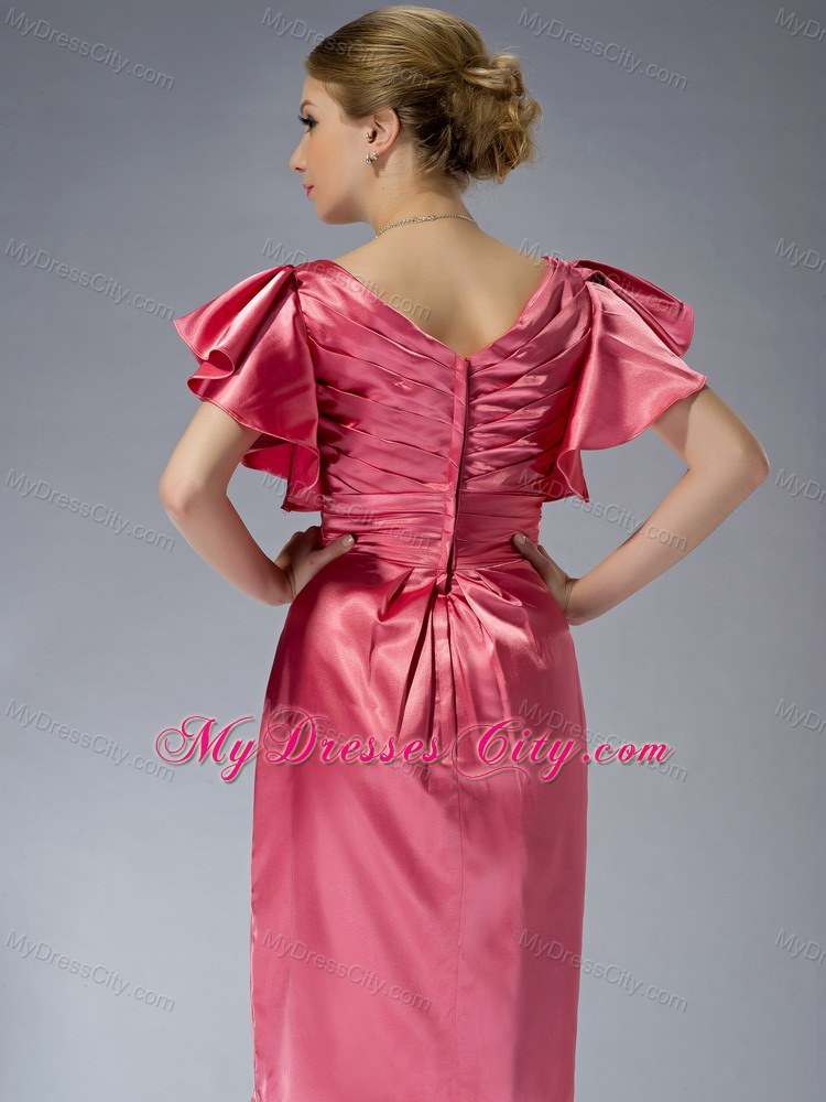 V-neck Beading Ruffles Sleeves Knee-length Mother of the Groom Dresses