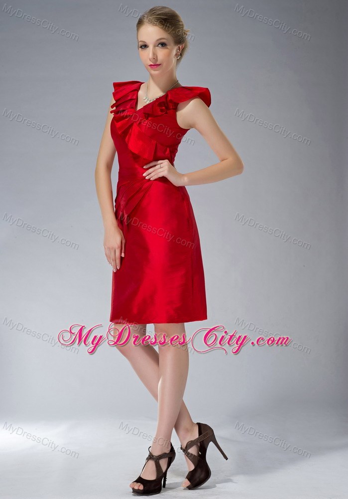 Mini-length V-neck Ruche Zipper Up Back Red Mother of the Groom Dress