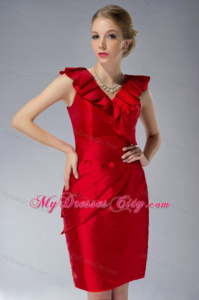 Mini-length V-neck Ruche Zipper Up Back Red Mother of the Groom Dress