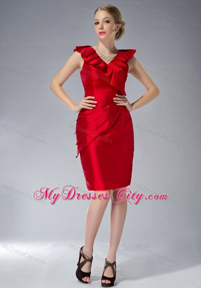 Mini-length V-neck Ruche Zipper Up Back Red Mother of the Groom Dress