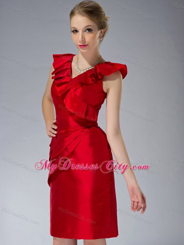 Mini-length V-neck Ruche Zipper Up Back Red Mother of the Groom Dress