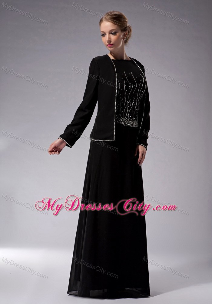 Black Bateau Neck Beading Chiffon Floor-length Mother Dress with Jacket