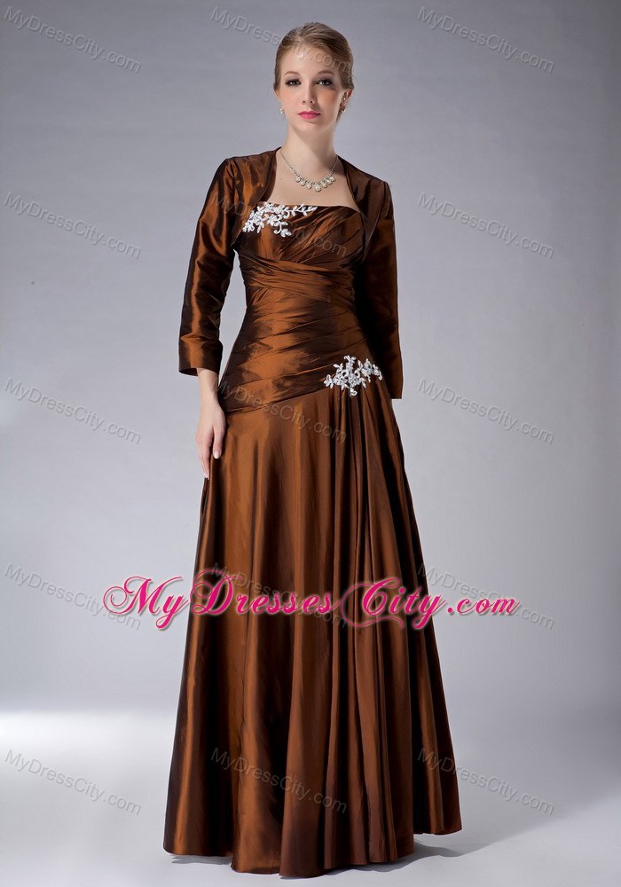 Appliques Strapless Floor-length Jacket Brown Mother Of The Bride Dress