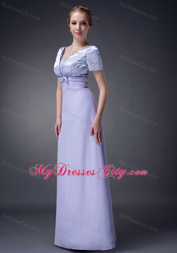 V-neck Beading Bowknot Floor-length Short Sleeves Mother Bride Dress