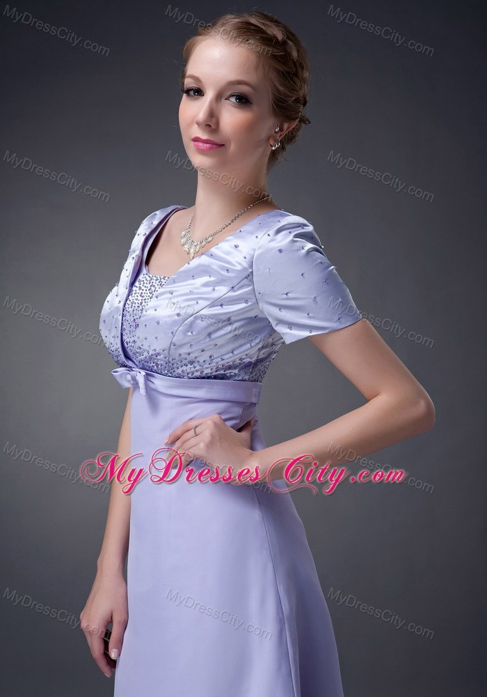 V-neck Beading Bowknot Floor-length Short Sleeves Mother Bride Dress