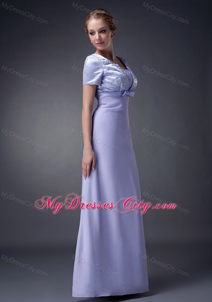 V-neck Beading Bowknot Floor-length Short Sleeves Mother Bride Dress