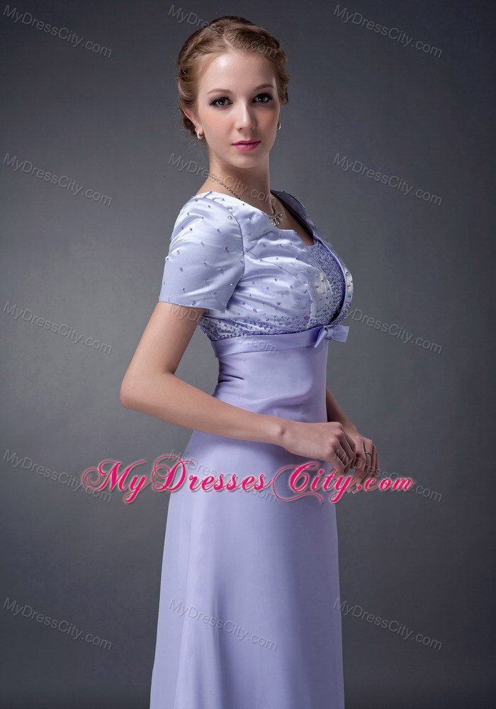 V-neck Beading Bowknot Floor-length Short Sleeves Mother Bride Dress