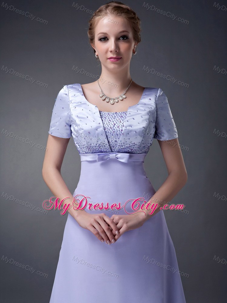 V-neck Beading Bowknot Floor-length Short Sleeves Mother Bride Dress