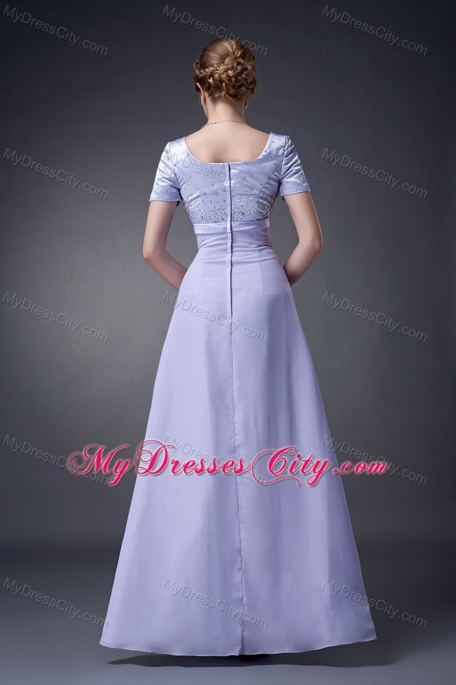 V-neck Beading Bowknot Floor-length Short Sleeves Mother Bride Dress