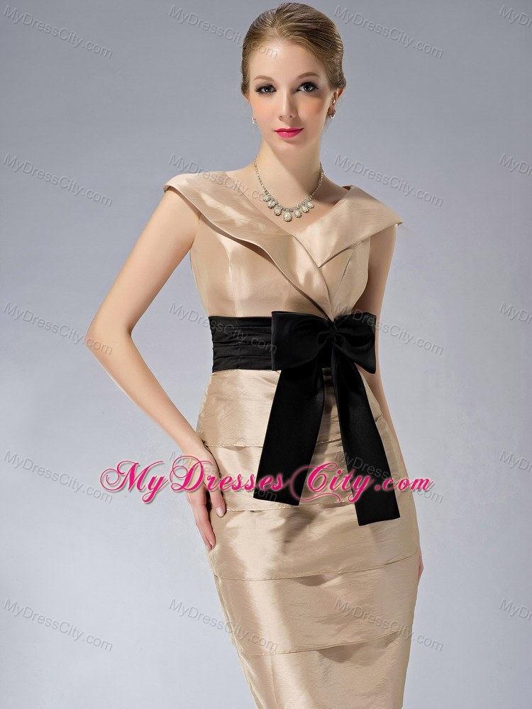 Bowknot V-neck Layers Knee-length Taffeta Mother Of The Bride Dress