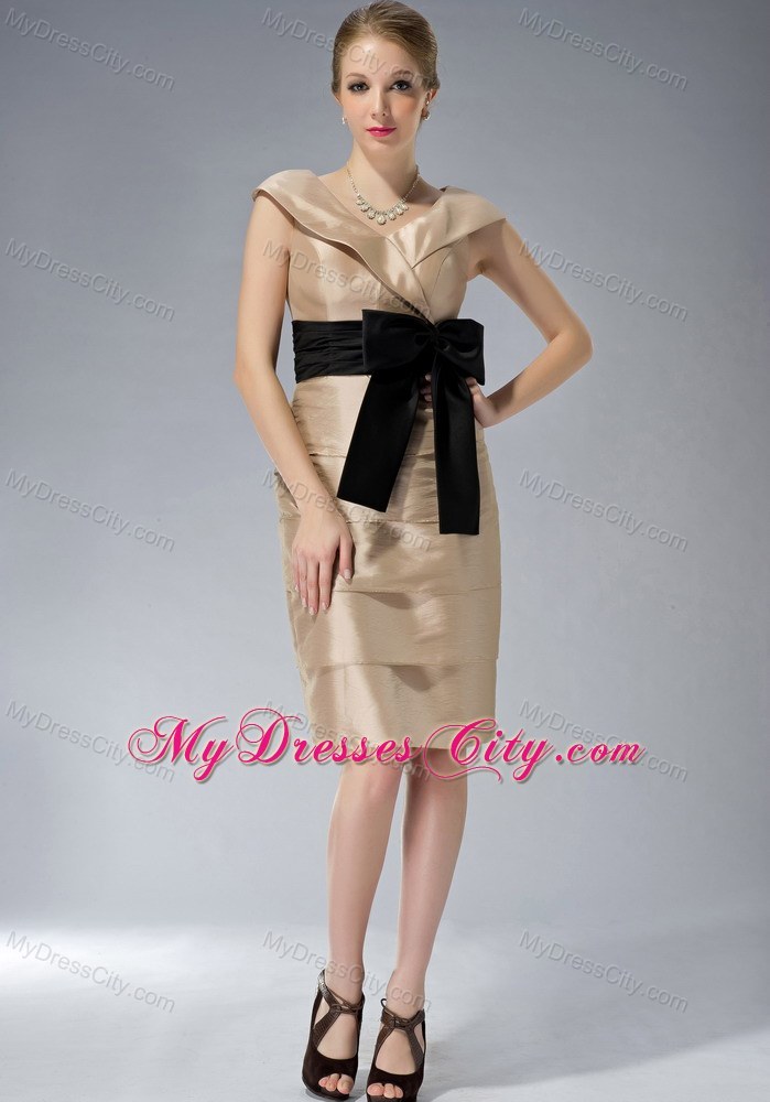 Bowknot V-neck Layers Knee-length Taffeta Mother Of The Bride Dress