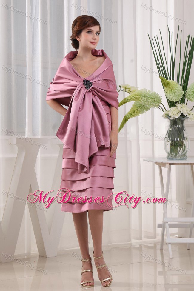 Layeres Pink Sweetheart Tea-length Mother Of The Bride Dress with Shawl