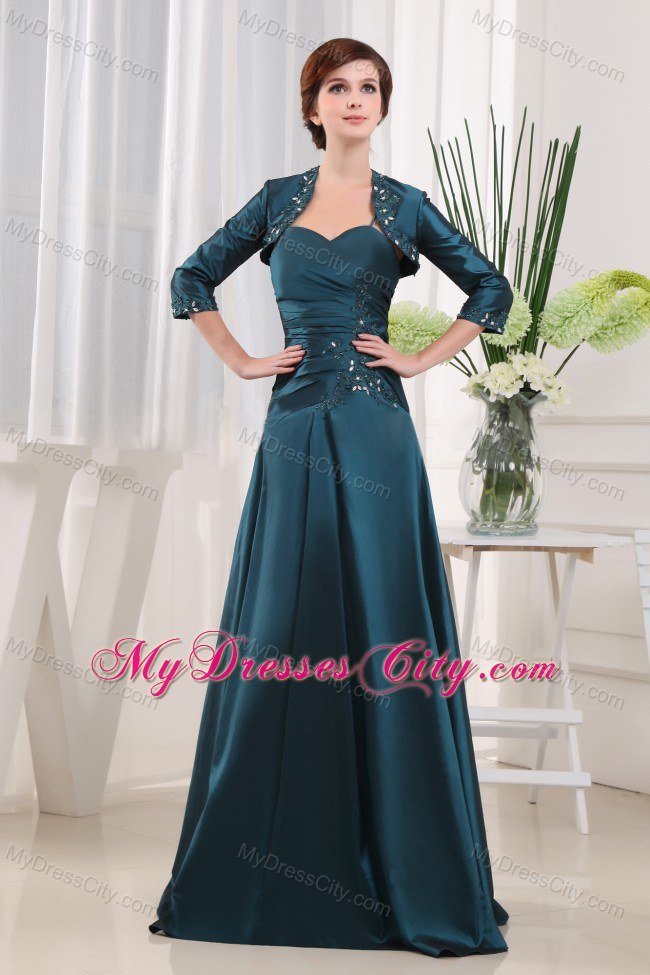 Appliques Straps Taffeta Teal Floor-length Jacket Mother Bride Dress