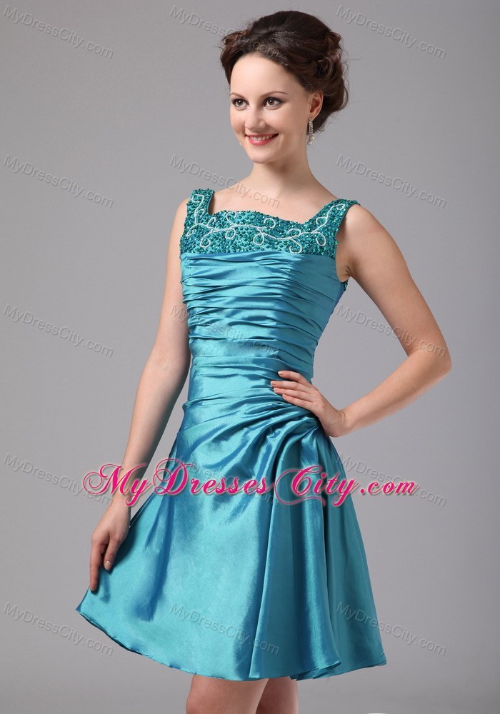 Teal Appliques Ruched Mini-length Jacket Mother Of The Bride Dress