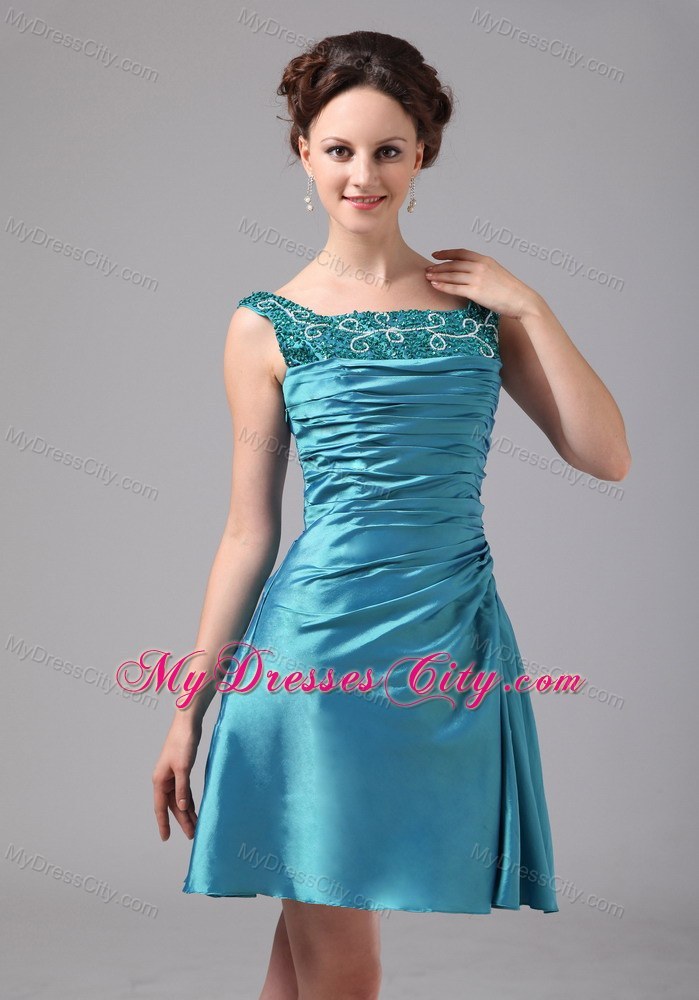 Teal Appliques Ruched Mini-length Jacket Mother Of The Bride Dress