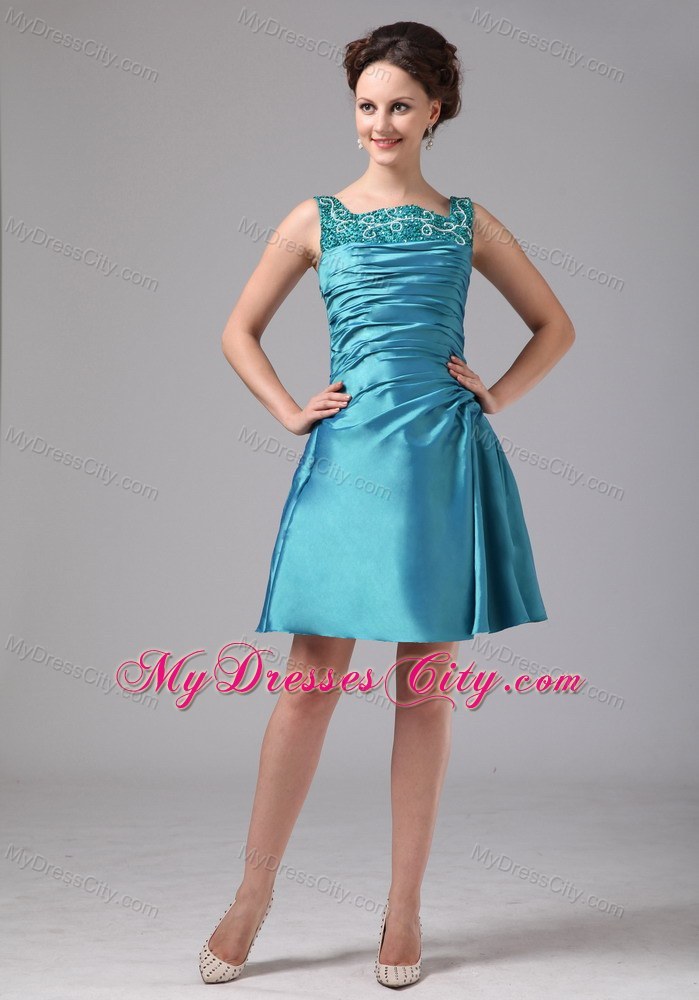 Teal Appliques Ruched Mini-length Jacket Mother Of The Bride Dress