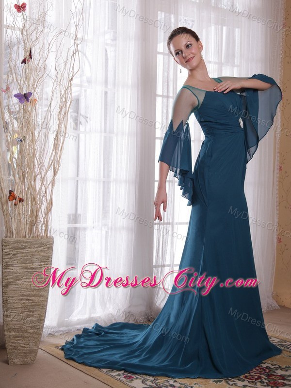 Square Neck Sweep Train Mother of the Bride Dress with flowing Sleeves