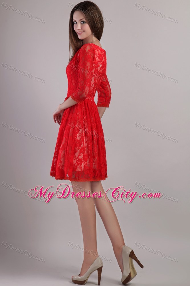 Lace Bateau Neck Embroidery Half Sleeves Mother Of The Bride Dress