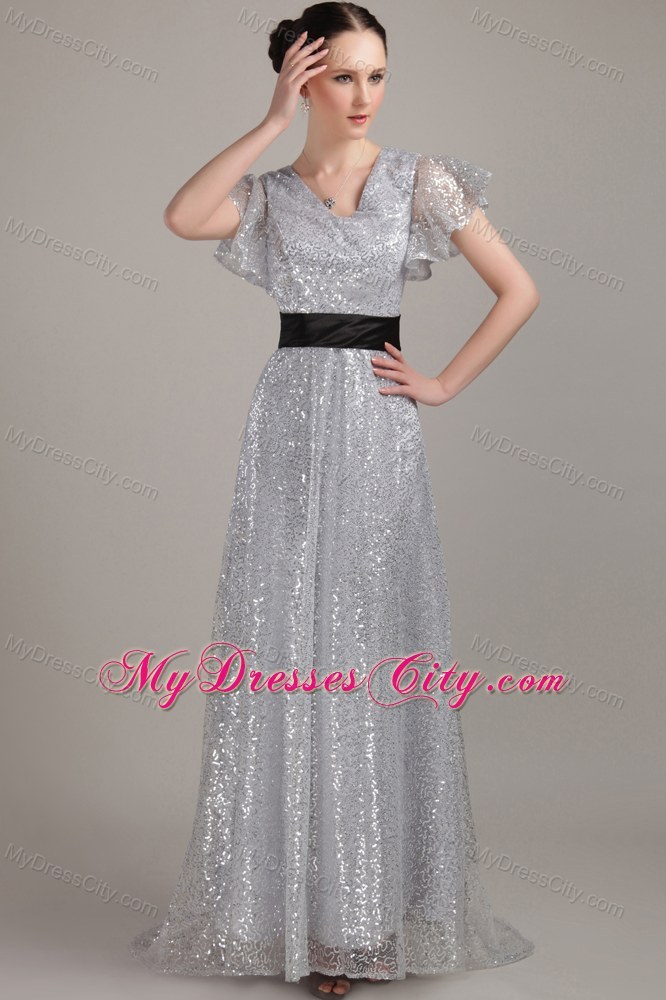 Butterfly Sleeves Sequins Belt Mothers Dresses with Brush Train