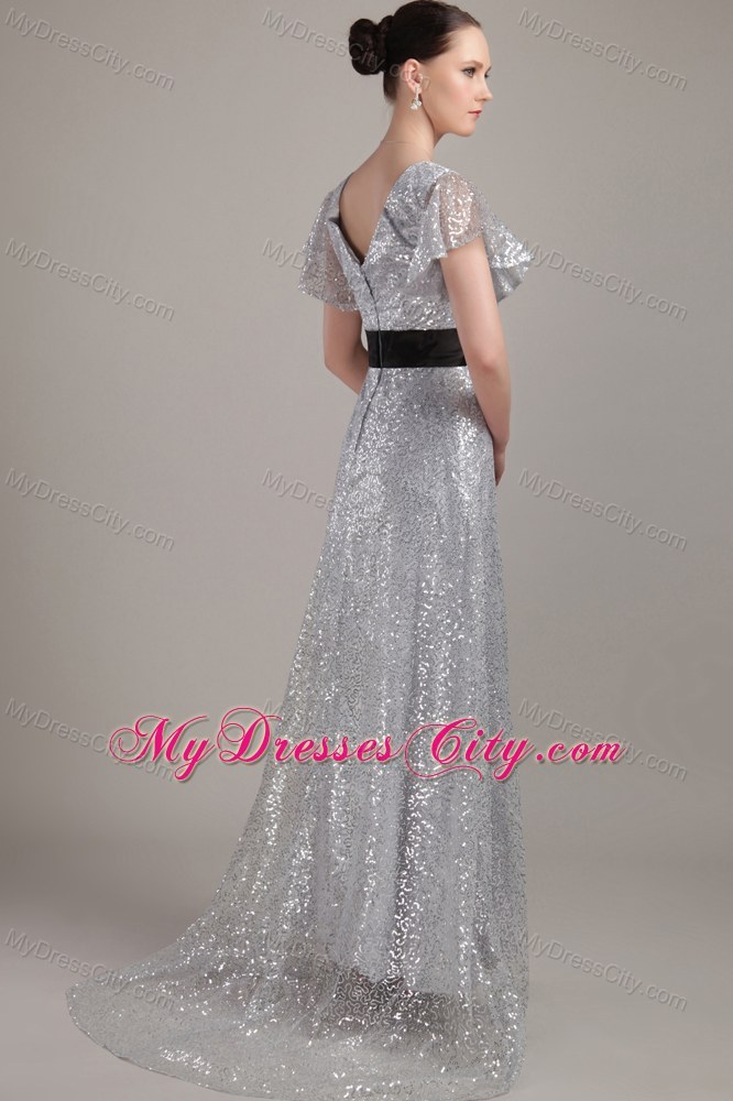 Butterfly Sleeves Sequins Belt Mothers Dresses with Brush Train