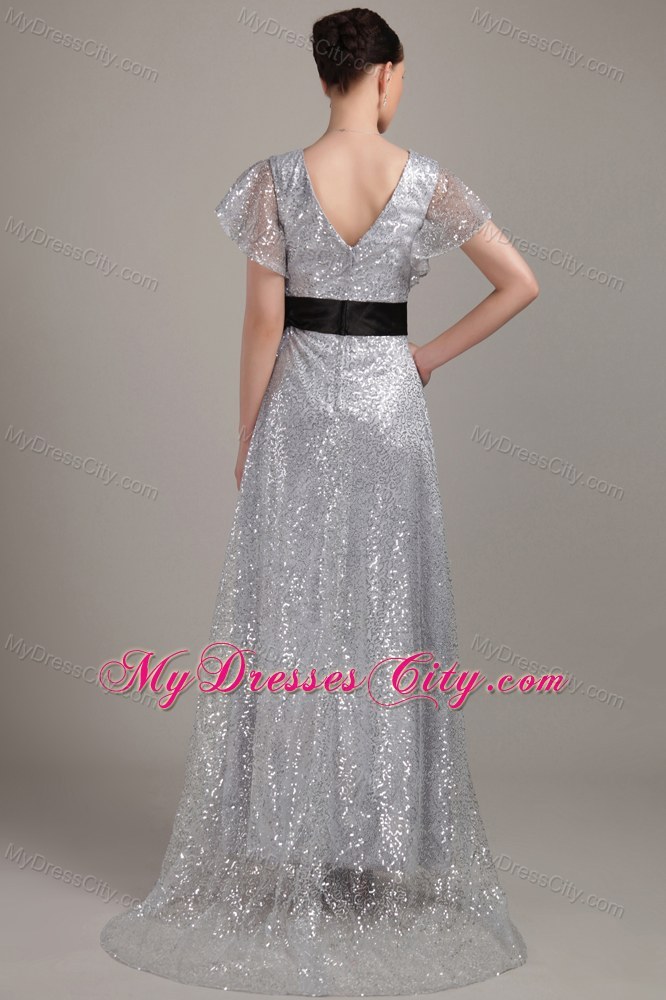 Butterfly Sleeves Sequins Belt Mothers Dresses with Brush Train