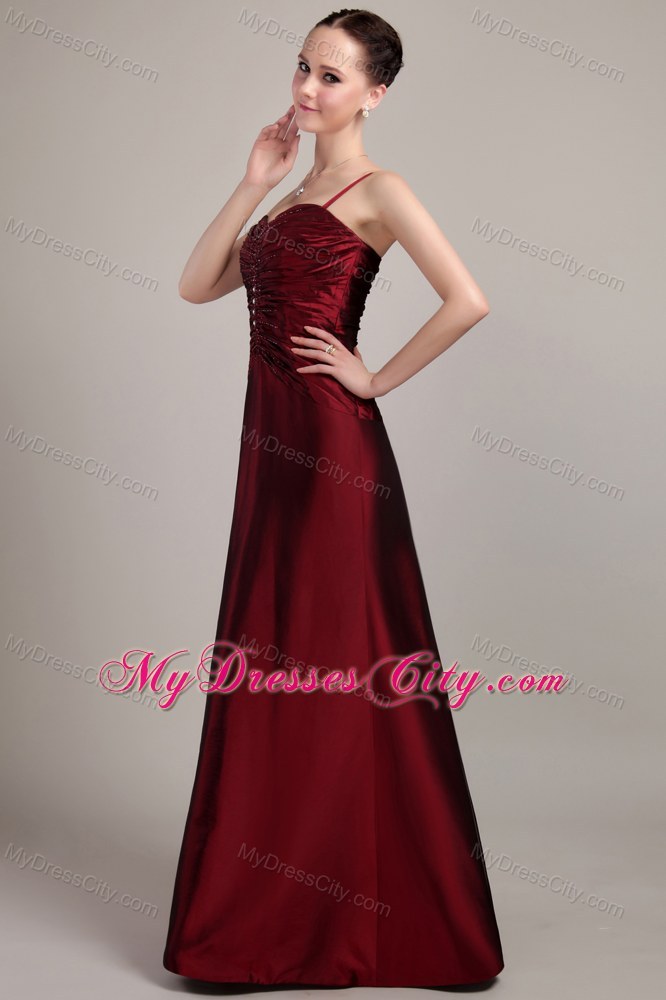 Long Spaghetti Strap Beading and Ruching Mother of the Bride Dress