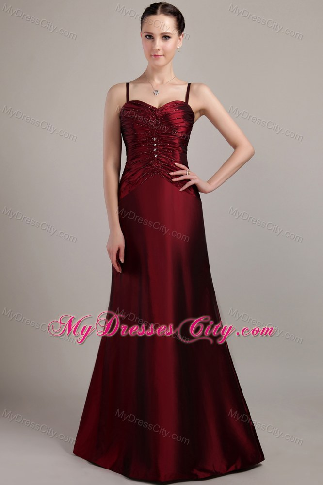 Long Spaghetti Strap Beading and Ruching Mother of the Bride Dress