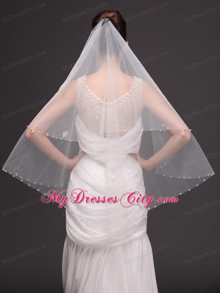 2 Layers Tulle With Pearls Fingertip Veil