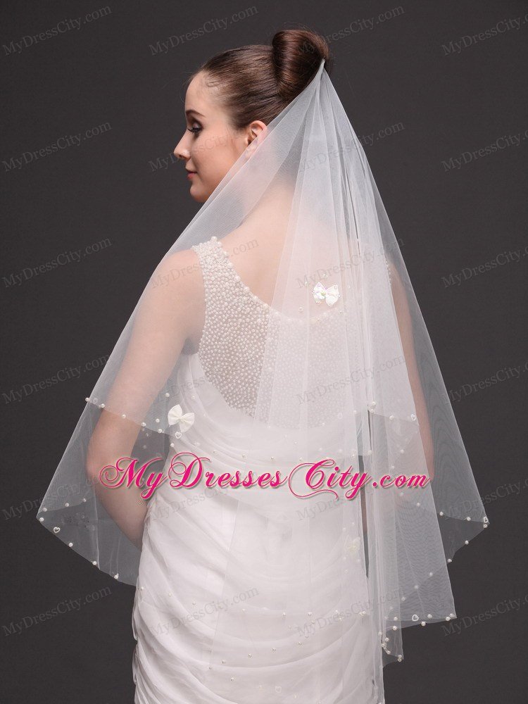 2 Layers Tulle With Pearls Fingertip Veil