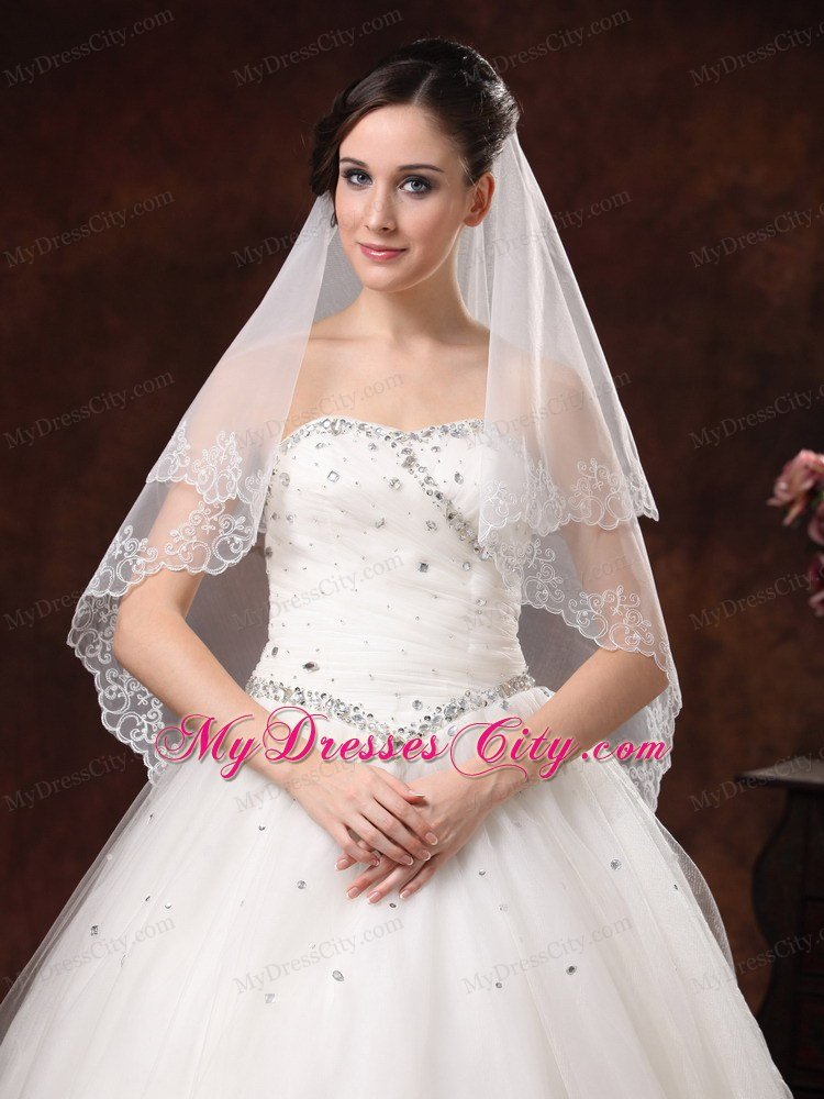 White Lace Appliques And Two-tier Organza Veil For Modest Wedding