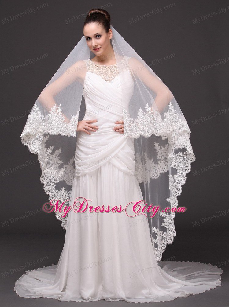 Beautiful Two-tier Cathedral Wedding Veil With Lace Applique Edge