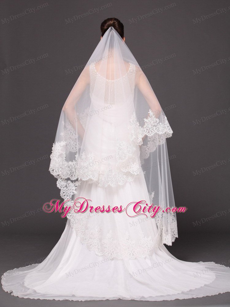 Beautiful Two-tier Cathedral Wedding Veil With Lace Applique Edge