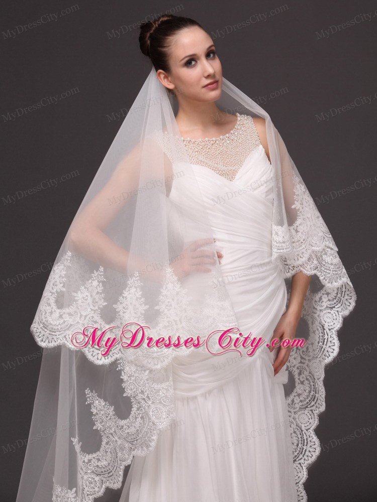 Lace Appliques One-tier Cathedral Tulle Popular Wedding Veil