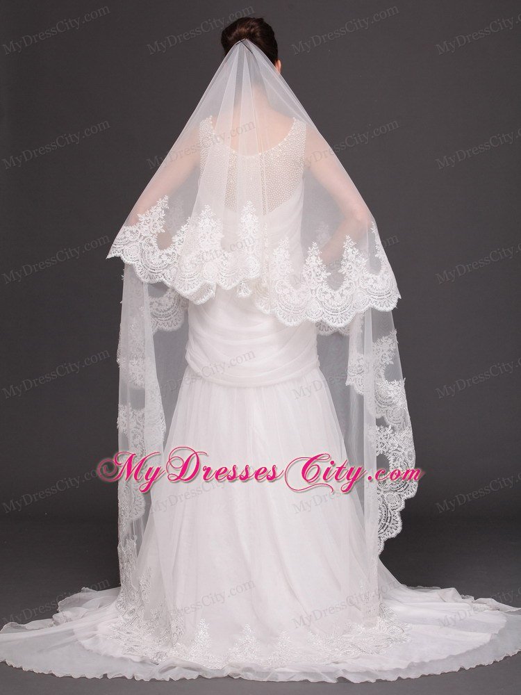 Lace Appliques One-tier Cathedral Tulle Popular Wedding Veil