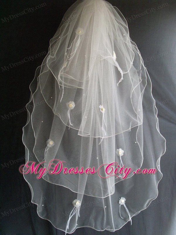 Hand Made Flowers And Beading Decorate Tulle Wedding Veil