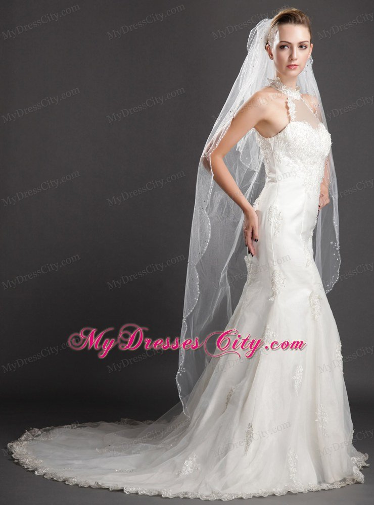 Two-tier Tulle With Pearls Fingertip Veil